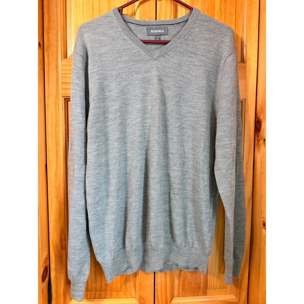 Bonobos Extra Fine Merino Wool V-Neck Sweater Medium Gray Heather Lightweight
